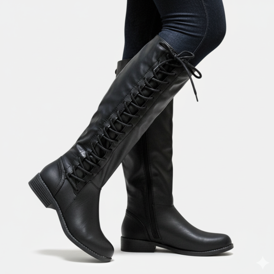 Knielange Stiefel aus Kunstleder mit Kreuzschnürung - IdealeKleiden