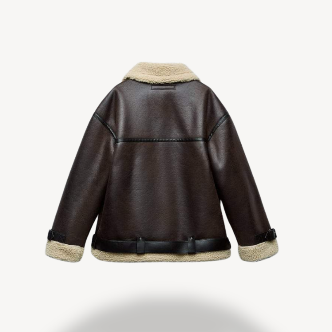 Damen Pilotenjacke Braun Faux Shearling Soft - IdealeKleiden