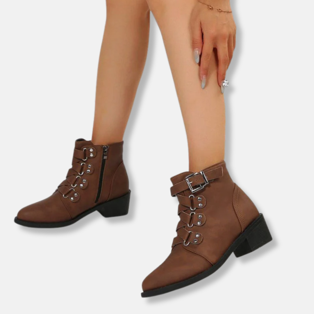 Stylische Knöchelstiefel Kunstleder Schnallenriemen Blockabsatz - IdealeKleiden