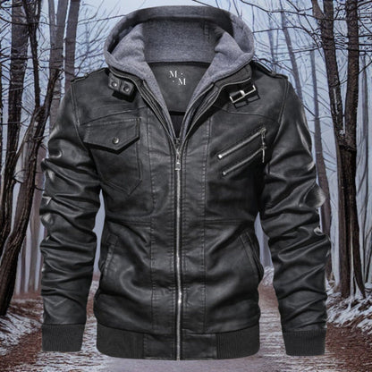 Warm leather jacket hood winter