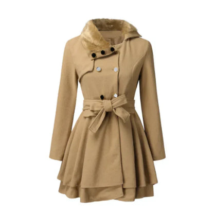 Elegant Women's Flared Wool Coat with Faux Fur