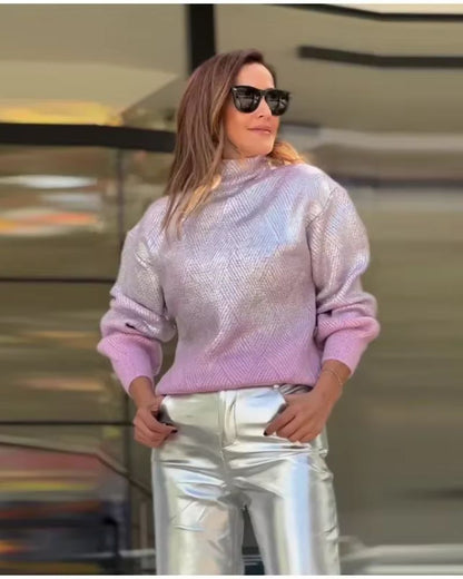 Fashionable Knitted Pullover with Glitter Effect