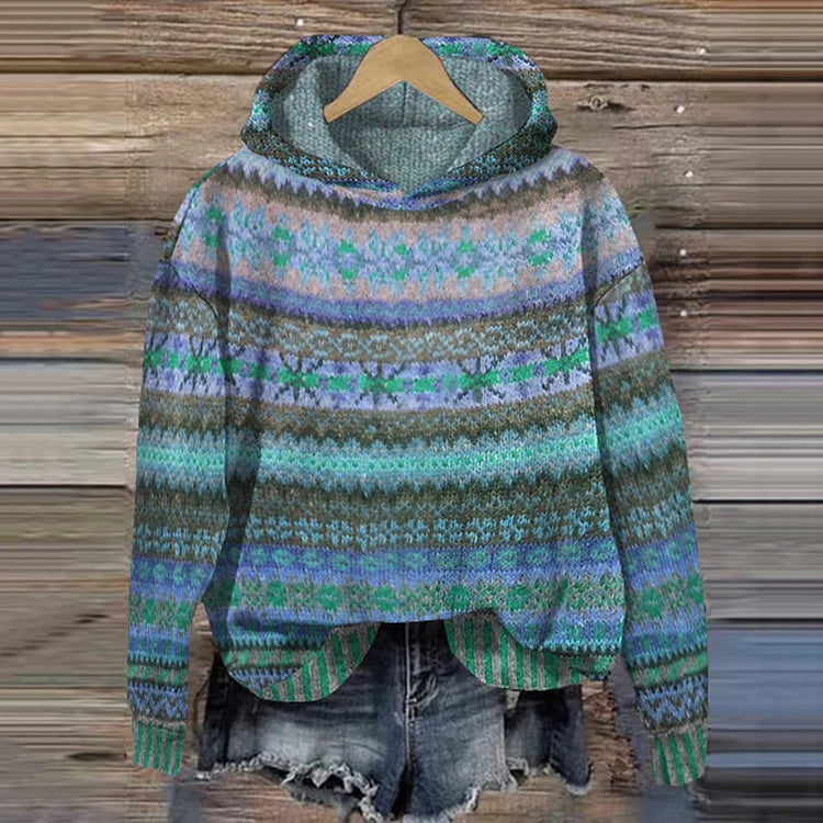 Damen Strickpulli Norwegermuster Kapuze - IdealeKleiden