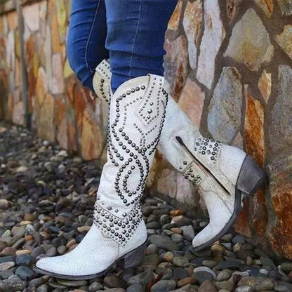 Stylish Women's High Metallic Stud Block Heel Boots