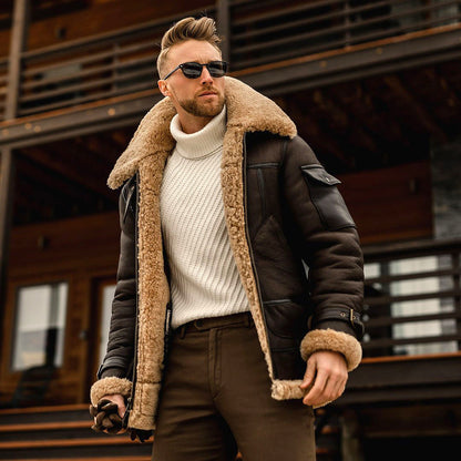 Men's Leather Jacket Fur Collar Military Style