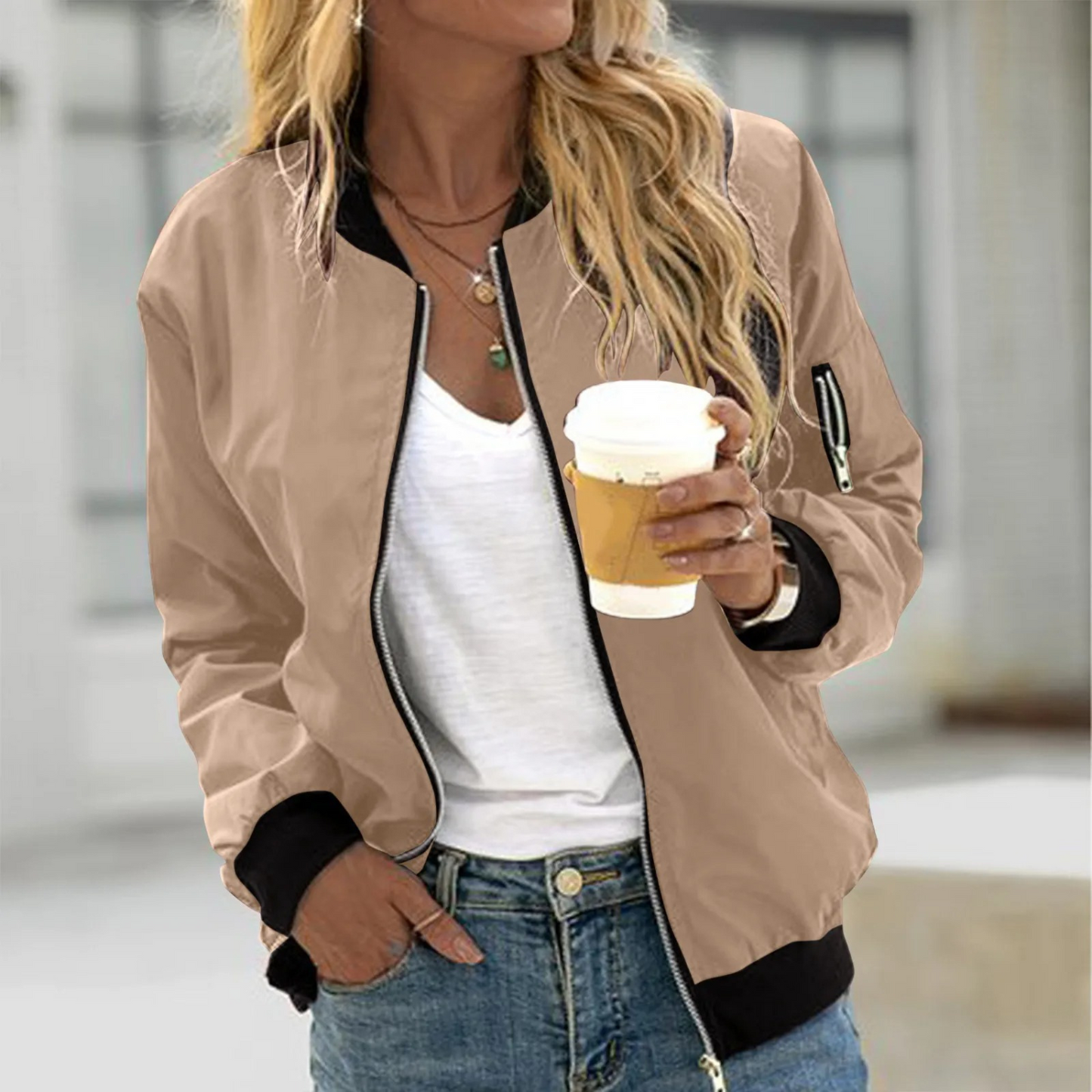Fashionable Women's Bomber Jacket Comfort Zipper