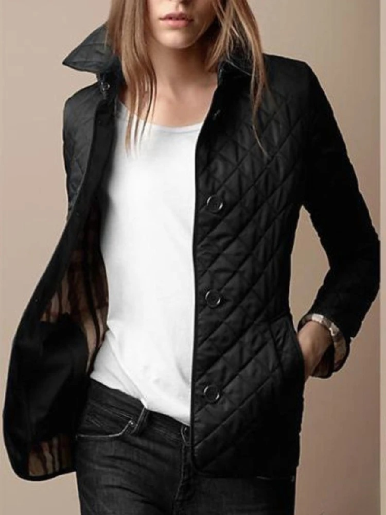 Fashionable quilted jacket with turn-down collar