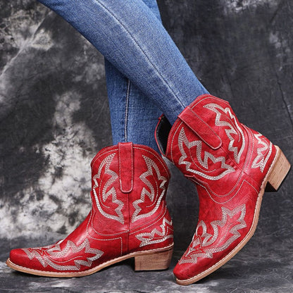 Women's Western Boots Embroidered Leather Pointed Ankle High Block Heel