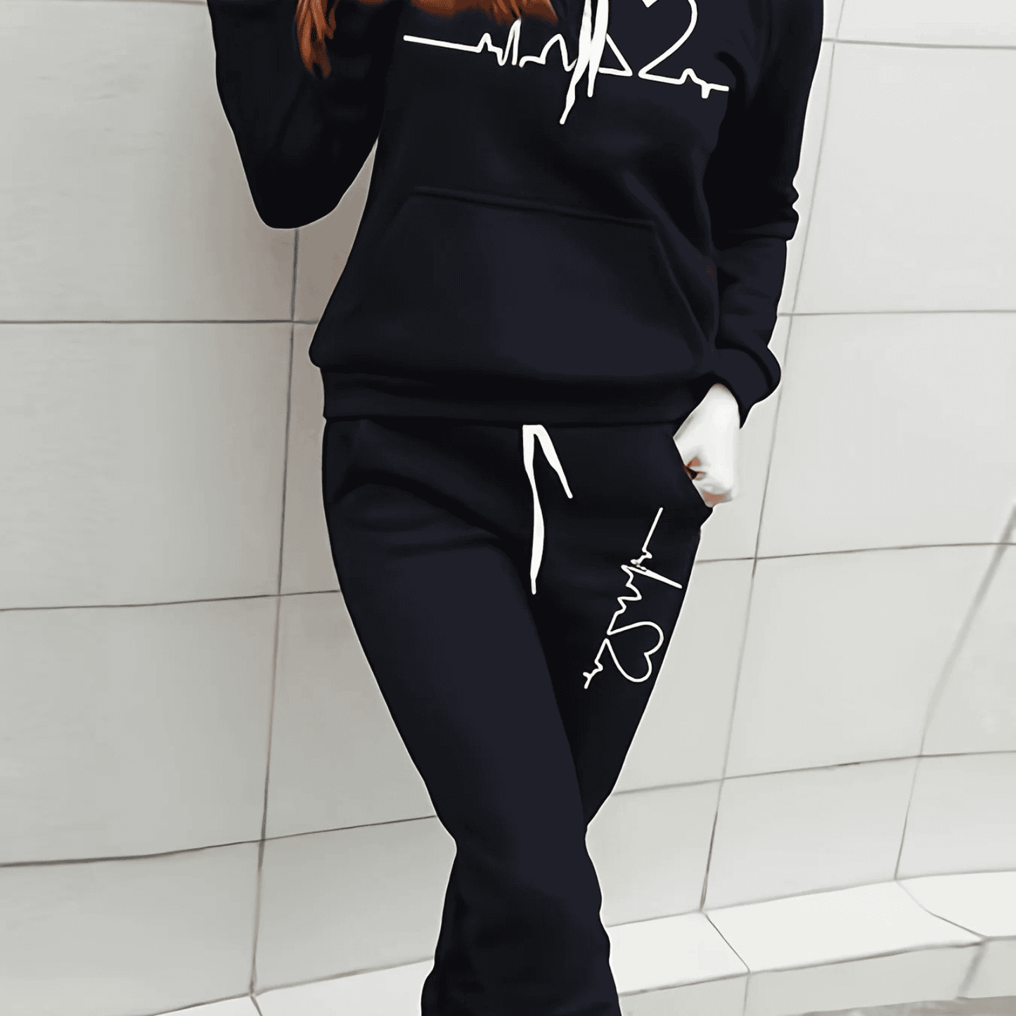 Women's Winter Set Heart Motif Hoodie Jogging Pants