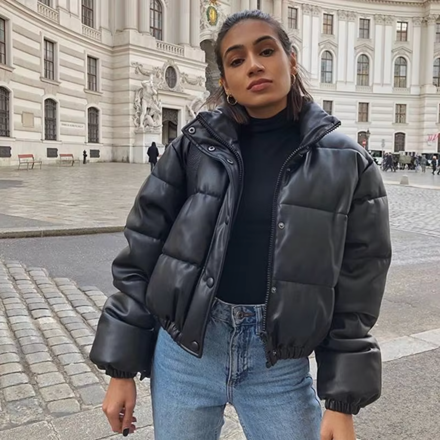 Women's Leather Puffer Jacket Winter Warm