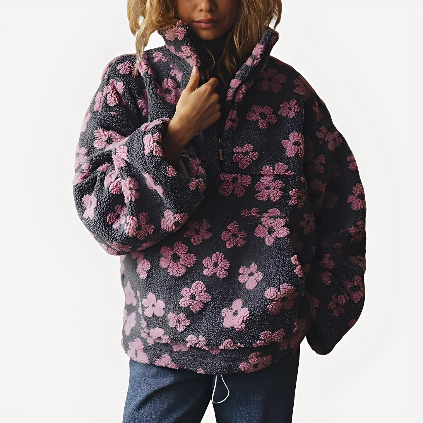 Damen Sherpa Pullover Blumenmuster Trendy
