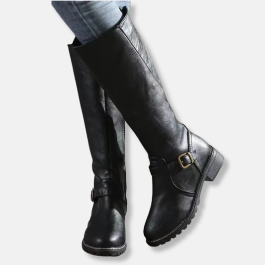 Kniehohe Stiefel Lederoptik Doppelreißverschluss - IdealeKleiden
