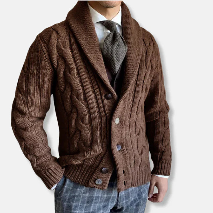 Men's Cardigan Woolly Cable Knit Shawl Collar