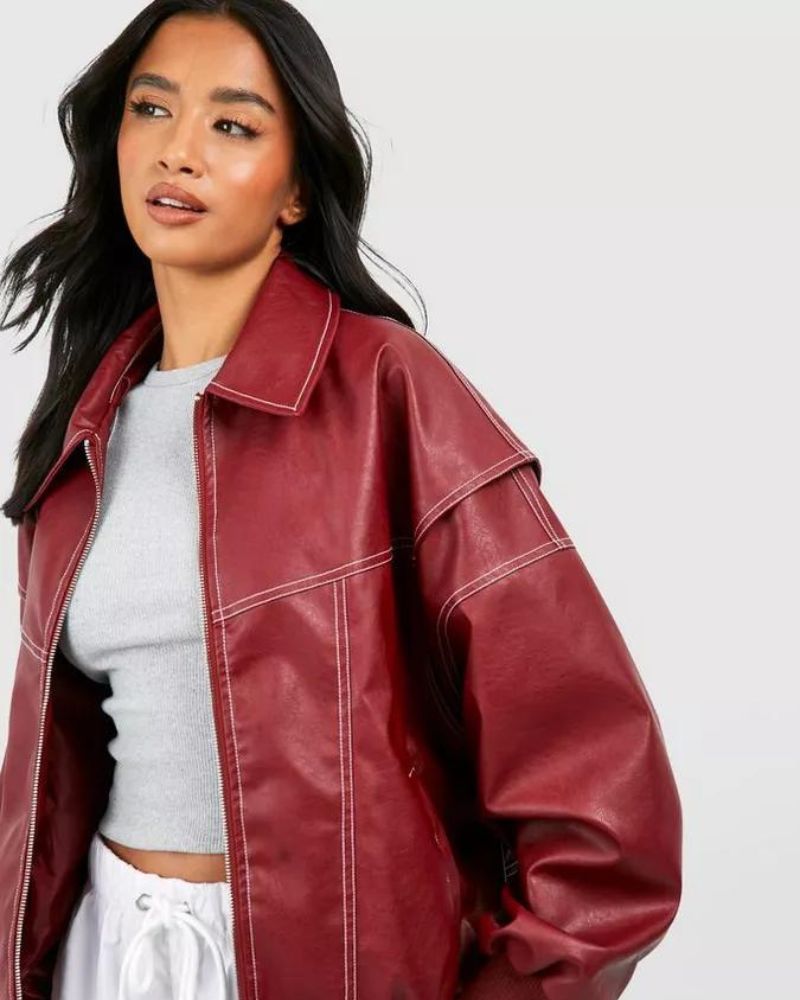 Women's Elegant Black Leather Bomber Jacket