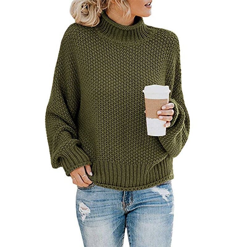 Knitted Sweater High Collar Chunky Knit Comfortable Warm