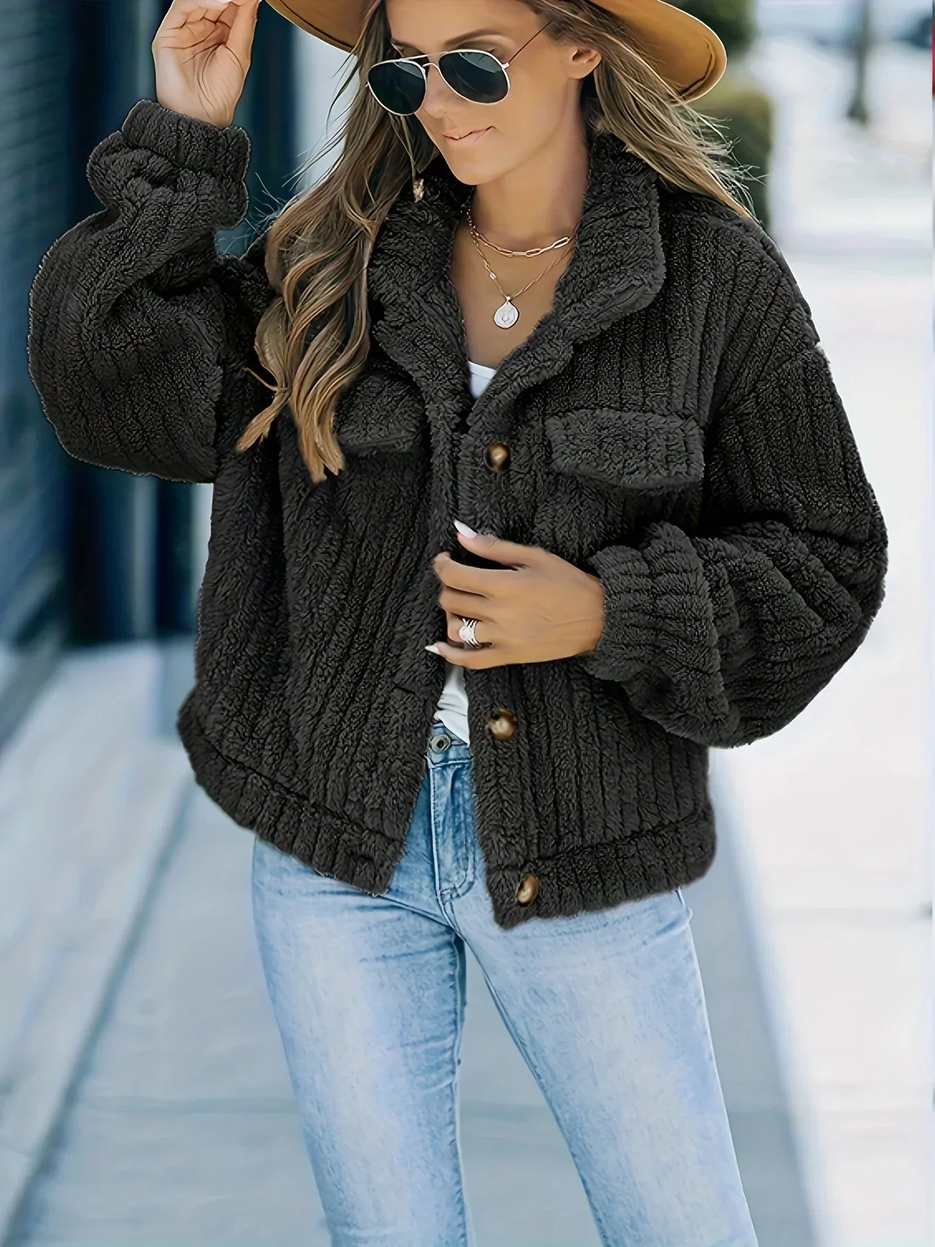 Women's leather coat trucker jacket with fur trim
