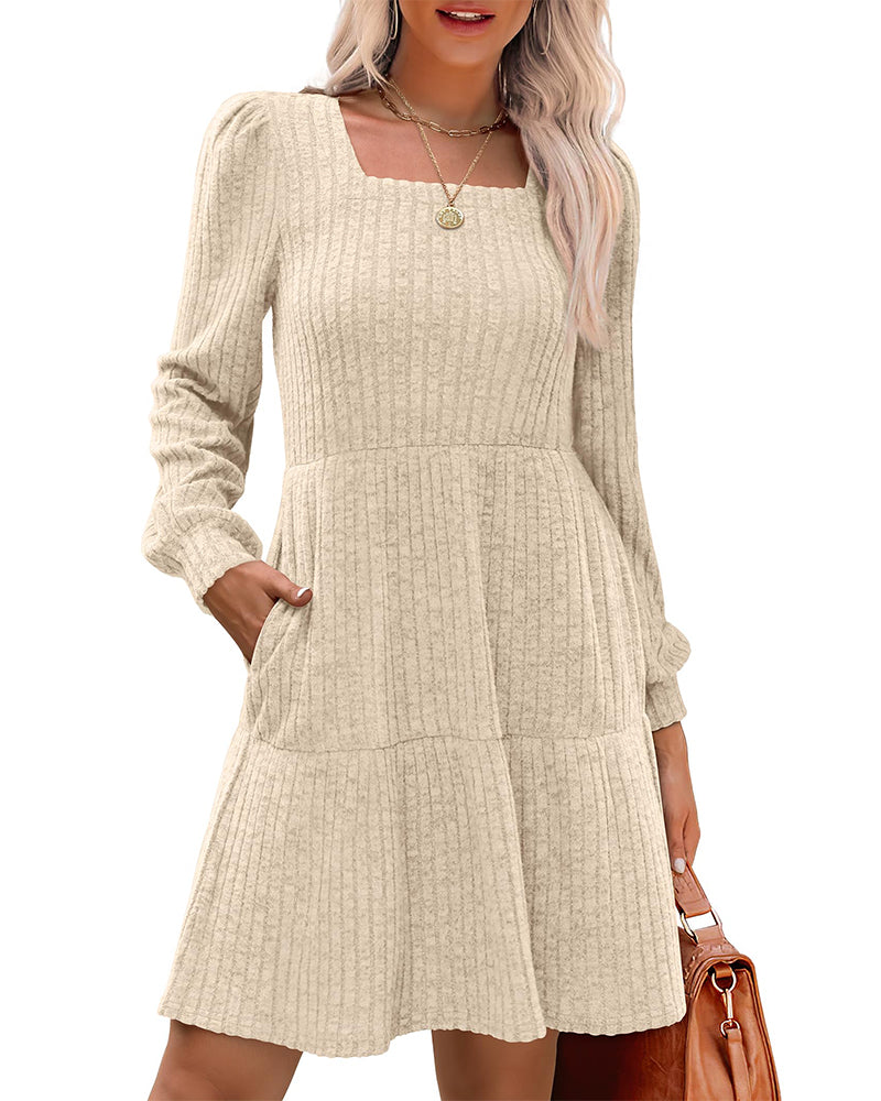 Women's Elegant Square Neck Ribbed Dress