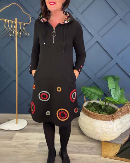 Fashionable Dress with Circle Pattern & Hood