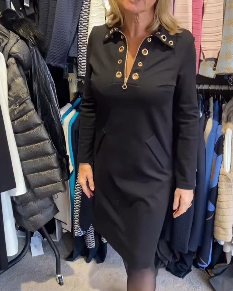 Modisches Kleid Reißverschluss V-Ausschnitt - IdealeKleiden