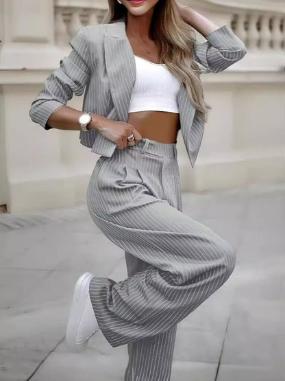 Fashionable Pinstripe Blazer and Trousers Suit Set