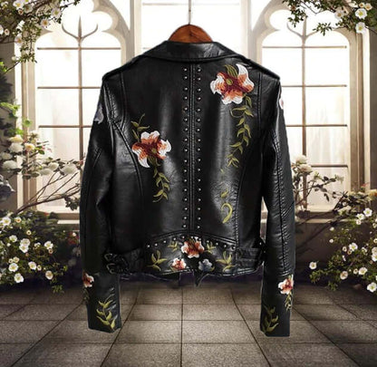 Damen Bikerjacke Blumenprint Stil - IdealeKleiden