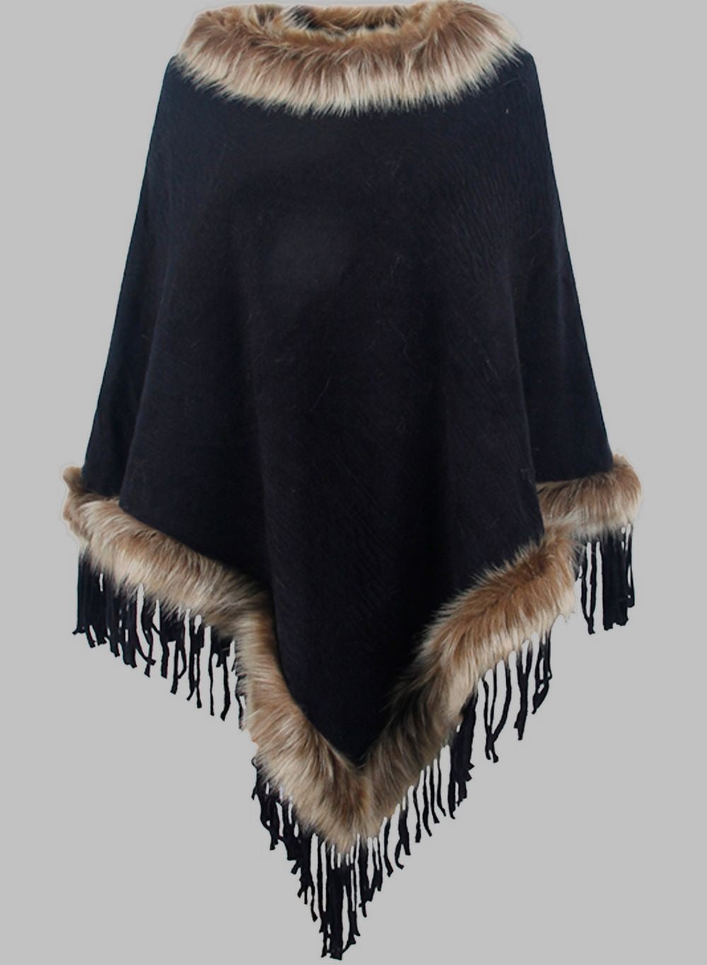 Elegant Women's Long Poncho Coat with Faux Fur