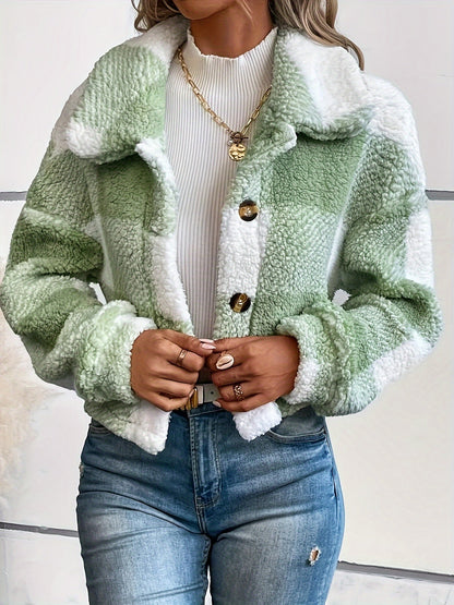 Women's Plaid Teddy Jacket Modern Button Closure