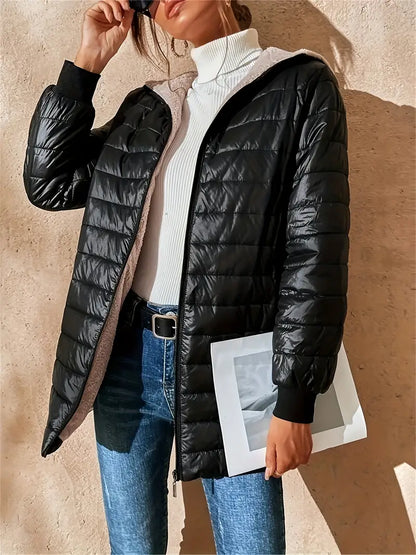 Mid-length Quilted Jacket for Women with Hood