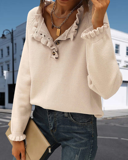 Stylish Solid Color Sweater with Ruffle Detail