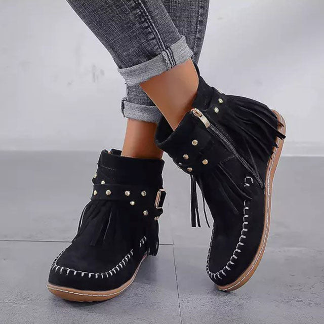 Women's Flat Studded Strap Buckle Boots