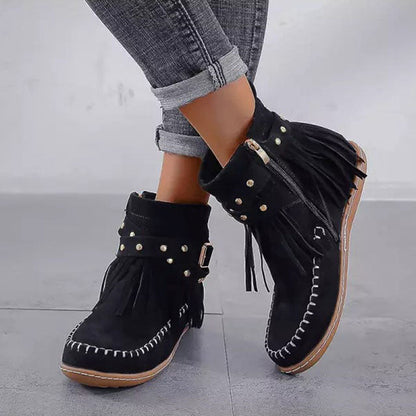 Women's Flat Studded Strap Buckle Boots