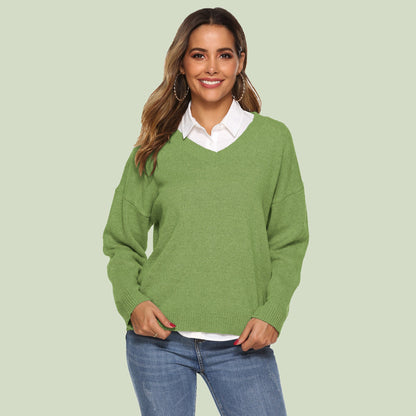 Women's Knitted V-Neck Sweater Comfortable Long Sleeve