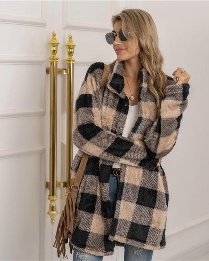 Oversized Winter Coat Soft Checked Buttons