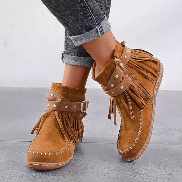 Women's Flat Studded Strap Buckle Boots