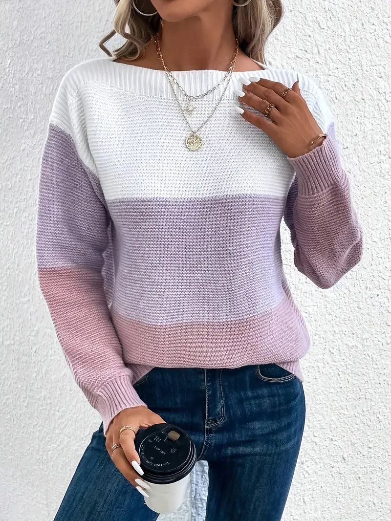 Color Block Round Neck Sweater for Women
