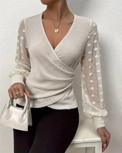 Elegantes Kleid V-Ausschnitt Langarm Plissee - IdealeKleiden