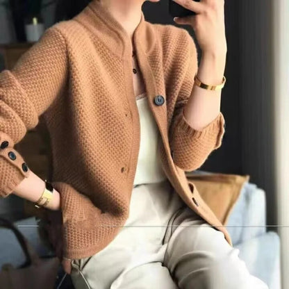 Women's Cardigan Pattern Button Closure High Collar With Pockets