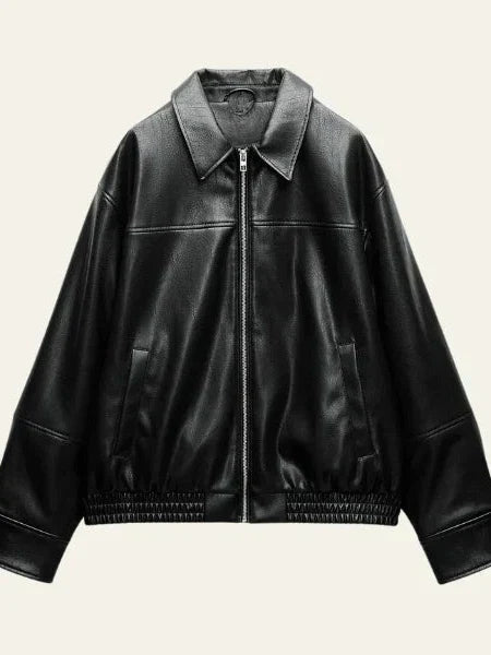 Modische Bomberjacke Kunstleder Schwarz - IdealeKleiden