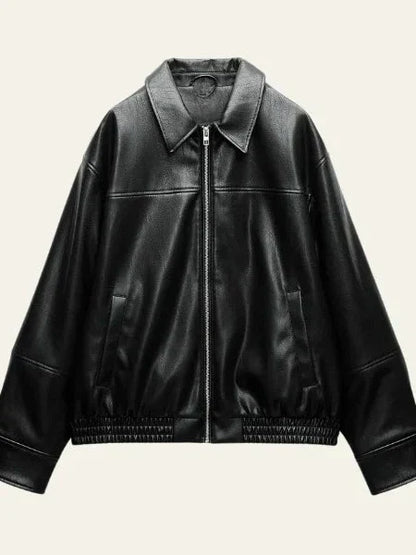 Modische Bomberjacke Kunstleder Schwarz - IdealeKleiden