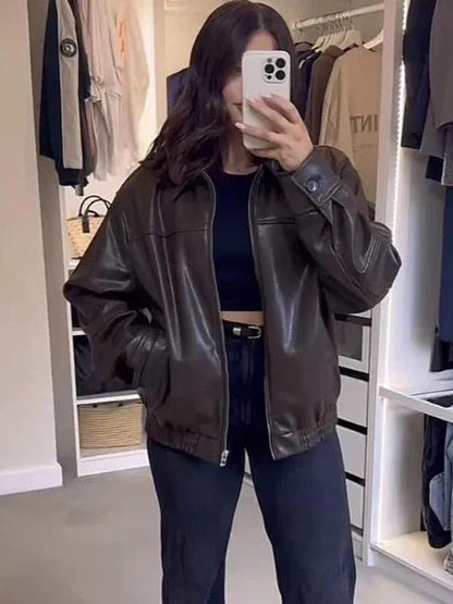 Fashionable Bomber Jacket Faux Leather Black