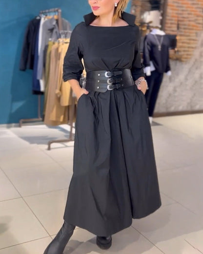 Elegantes Einfarbiges Kleid mit Quadrat-Ausschnitt - IdealeKleiden