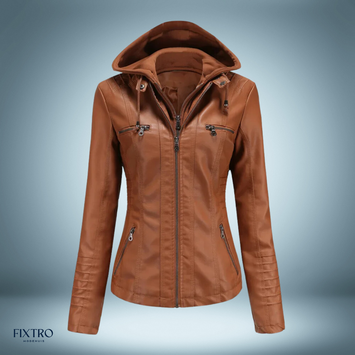 Leather Jacket with Hood Biker Style
