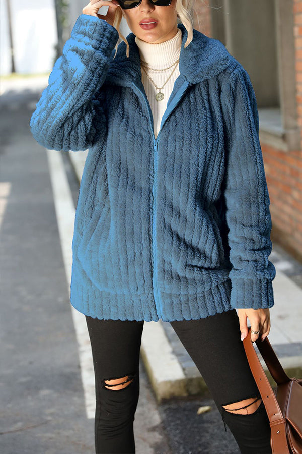 Elegant Plush Long-Sleeve Jacket with Zipper
