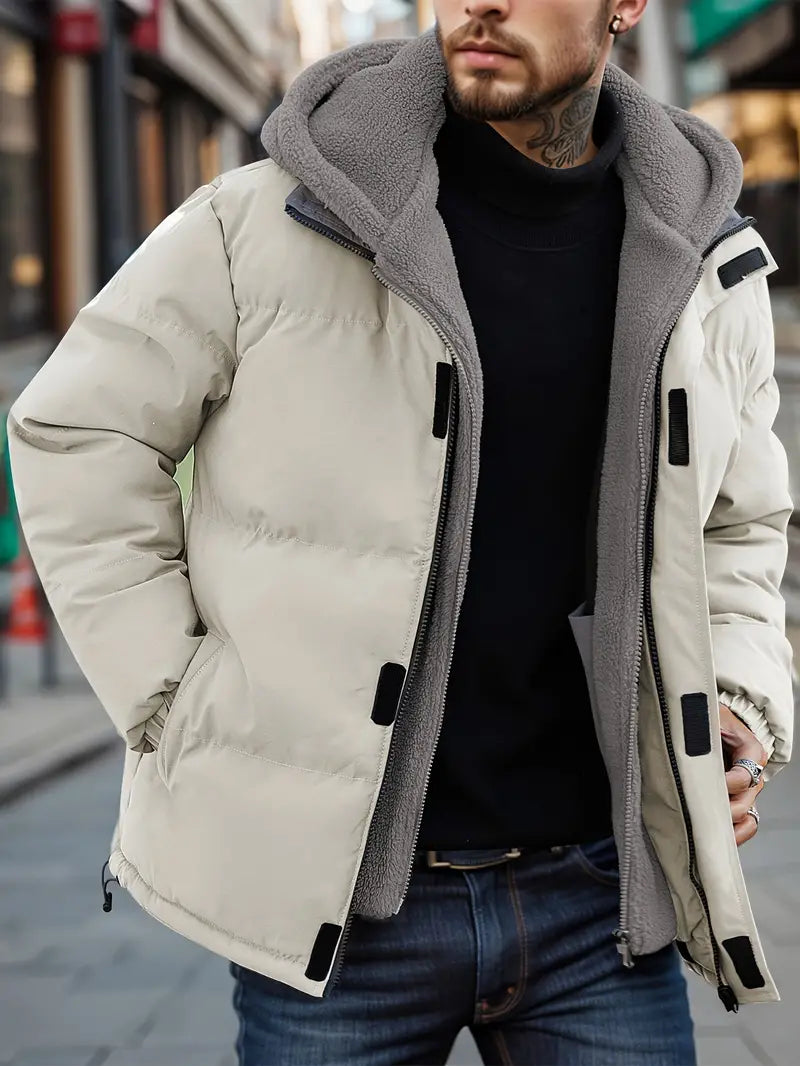 Men's Puffer Jacket Hood Warm Fleece Outdoor