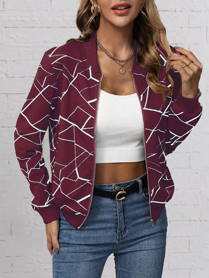 Fashionable Bomber Jacket Geo-Print Zipper