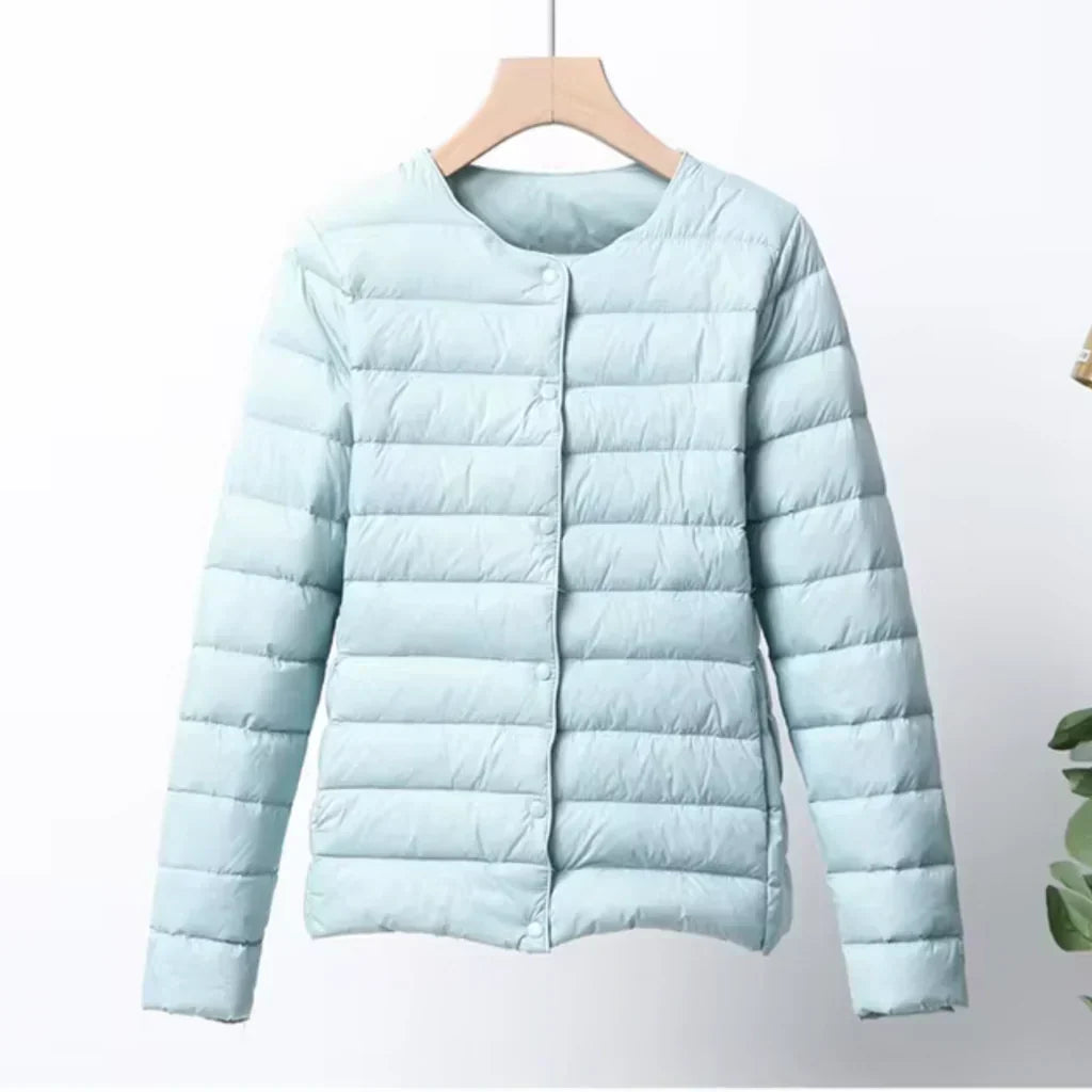 Lightweight Down Jacket Slim Fit Button Closure Hip Length