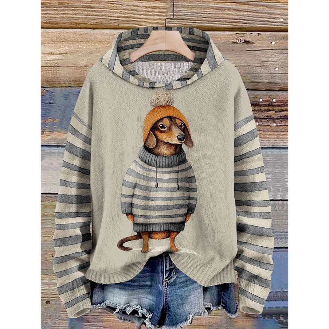 Women's Fleece Pullover Dog Motif Soft Lace-up