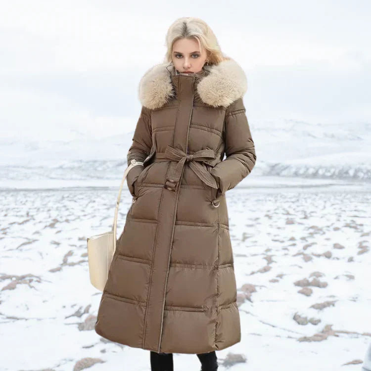Elegant Women's Long Slim Fit Jacket with Fur Detail