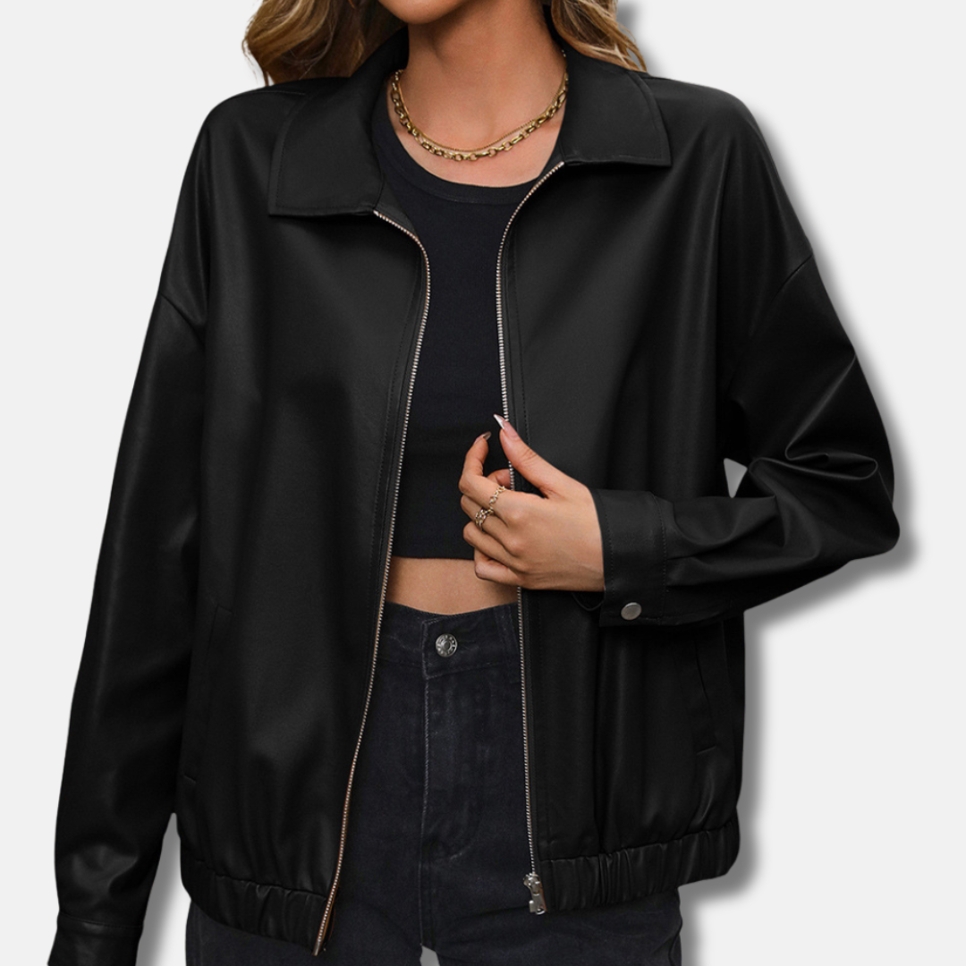 Short Biker Style Leather Jacket with Zipper