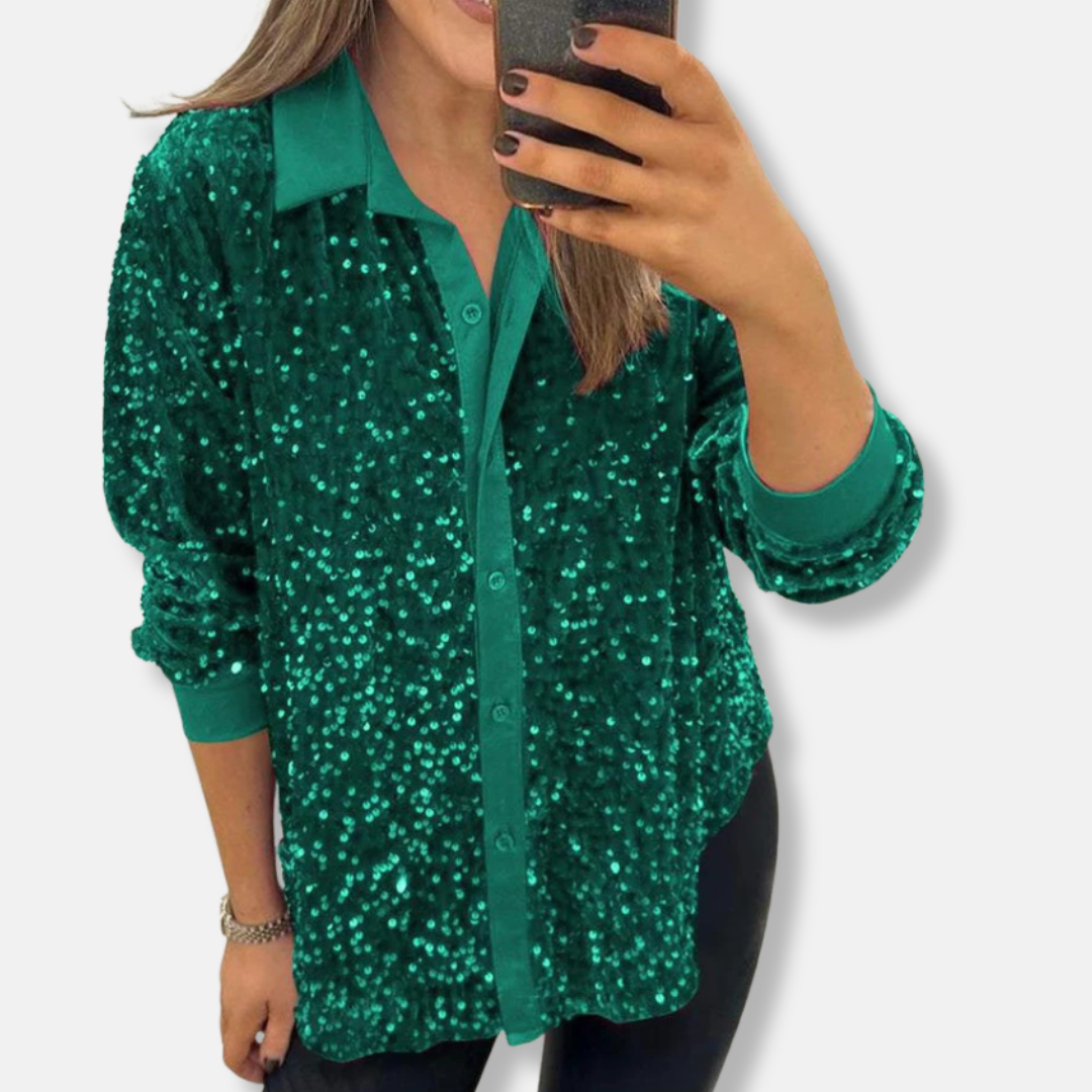 Festive Shirt with Sequins Loose Fit Elegant Collar